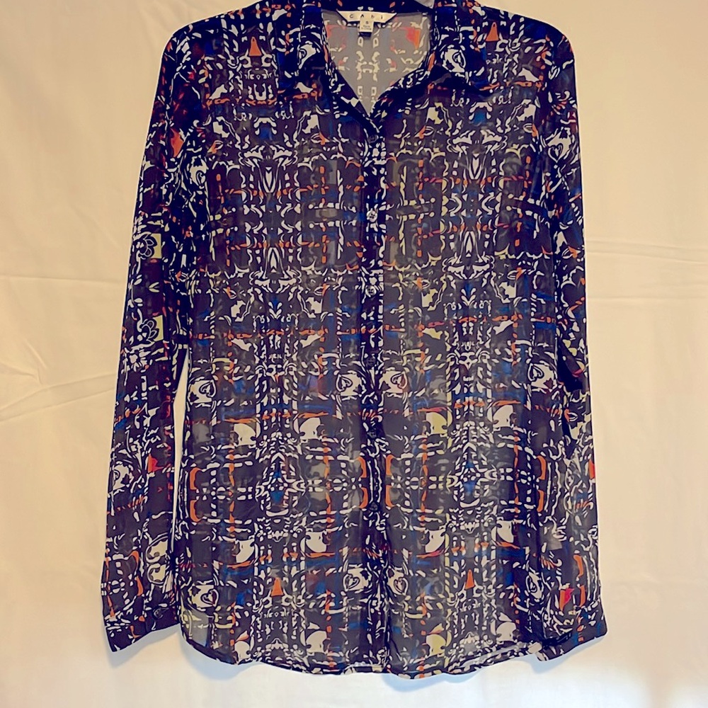 CAbi #129 Gray Festival Geometric LS BU Sheer Blouse, Size Small EUC